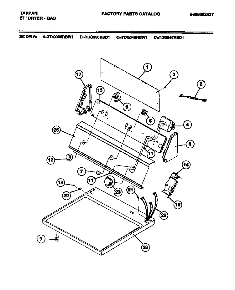 CONSOLE, CONTROLS Diagram and Parts List for TDG336RBW1  Tappan Dryer