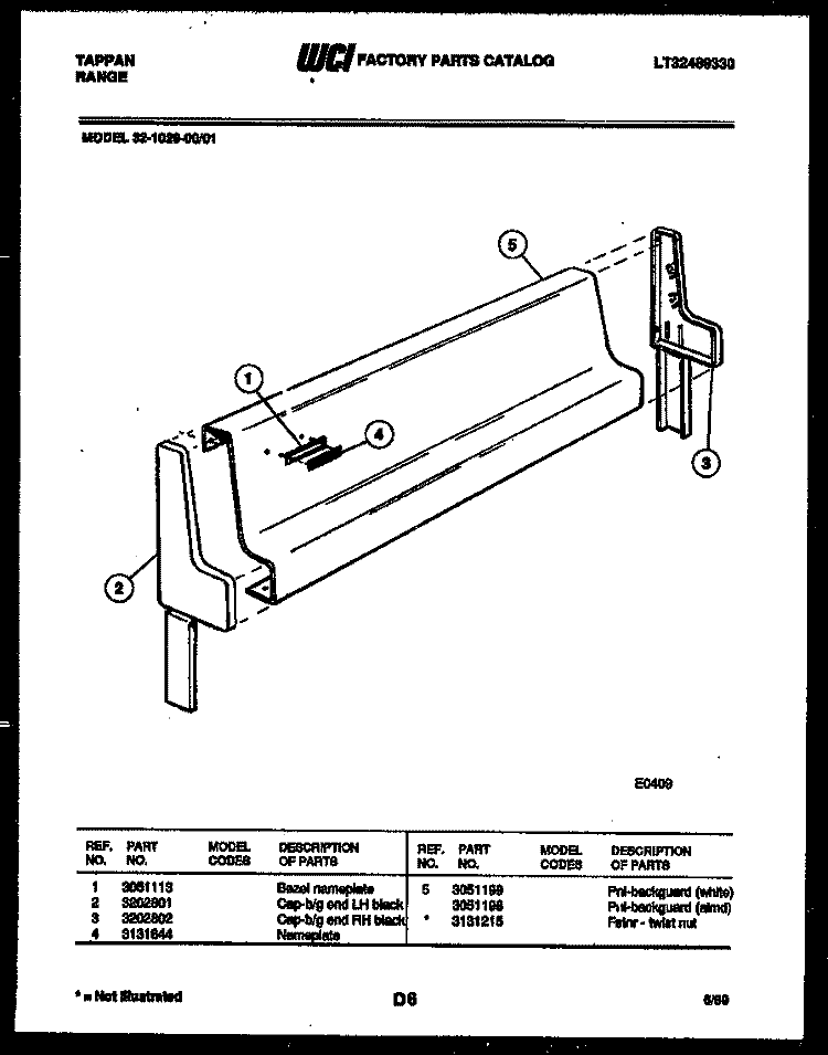 BACKGUARD Diagram and Parts List for 32-1029-00-01  Tappan Range
