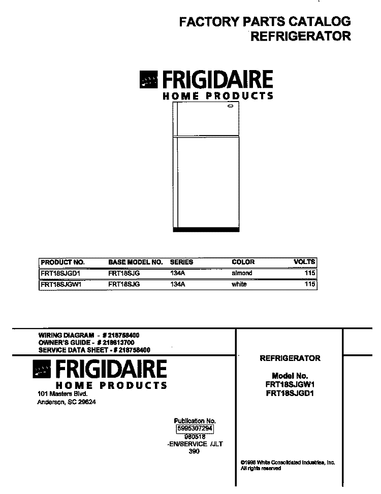 COVER Diagram and Parts List for FRT18SJGW1  Frigidaire Refrigerator