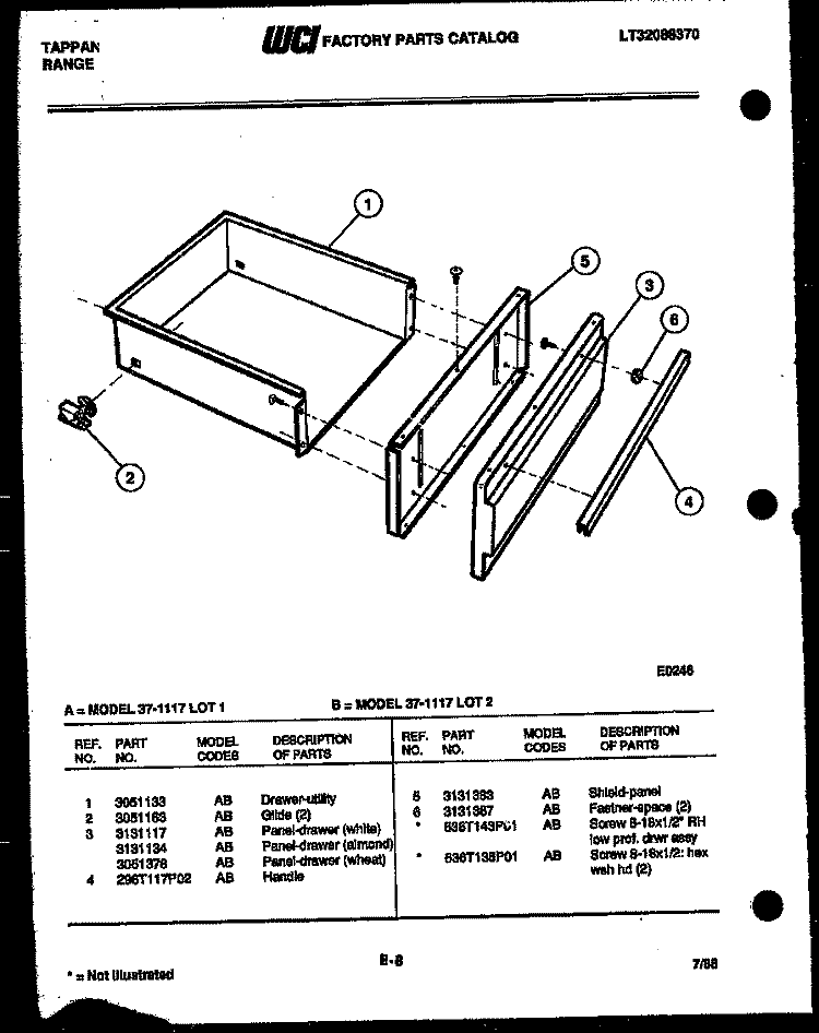 DRAWER PARTS Diagram and Parts List for 37-1117-66-01  Tappan Range