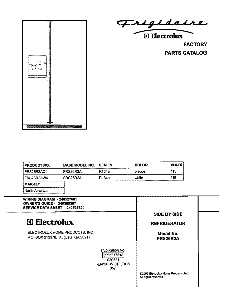 COVER Diagram and Parts List for FRS26R2AW4  Frigidaire Refrigerator