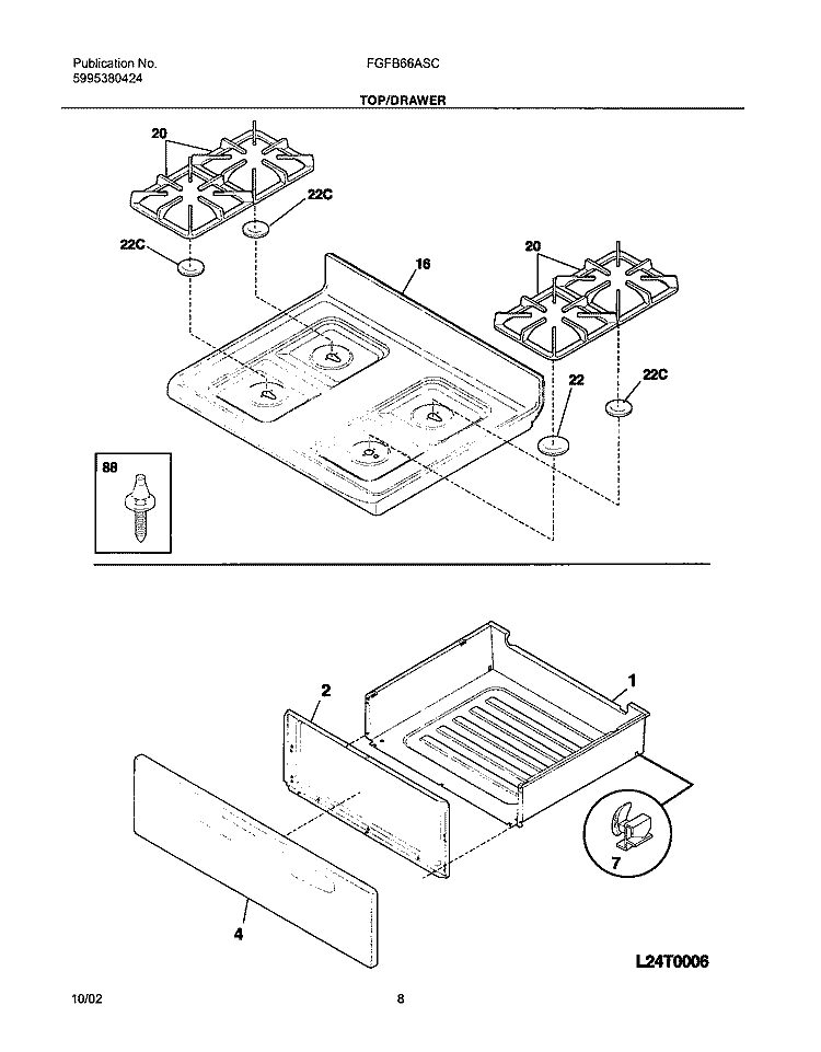 TOP / DRAWER Diagram and Parts List for FGFB66ASC  Frigidaire Range