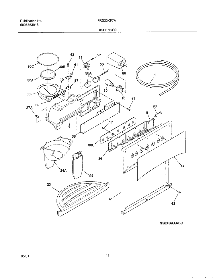 ICE & WATER DISPENSER Diagram and Parts List for FRS23KF7AB0  Frigidaire Refrigerator