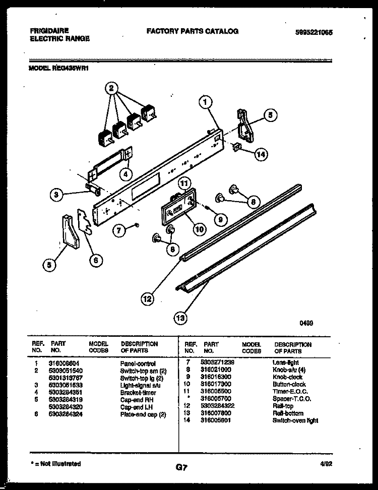 CONTROL PANEL Diagram and Parts List for REG435WRW1  Frigidaire Range