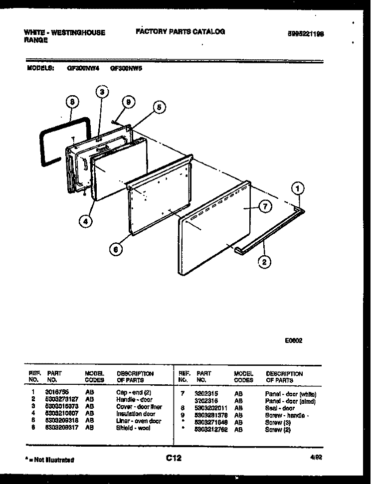 DOOR PARTS Diagram and Parts List for GF300NW5  Frigidaire Range