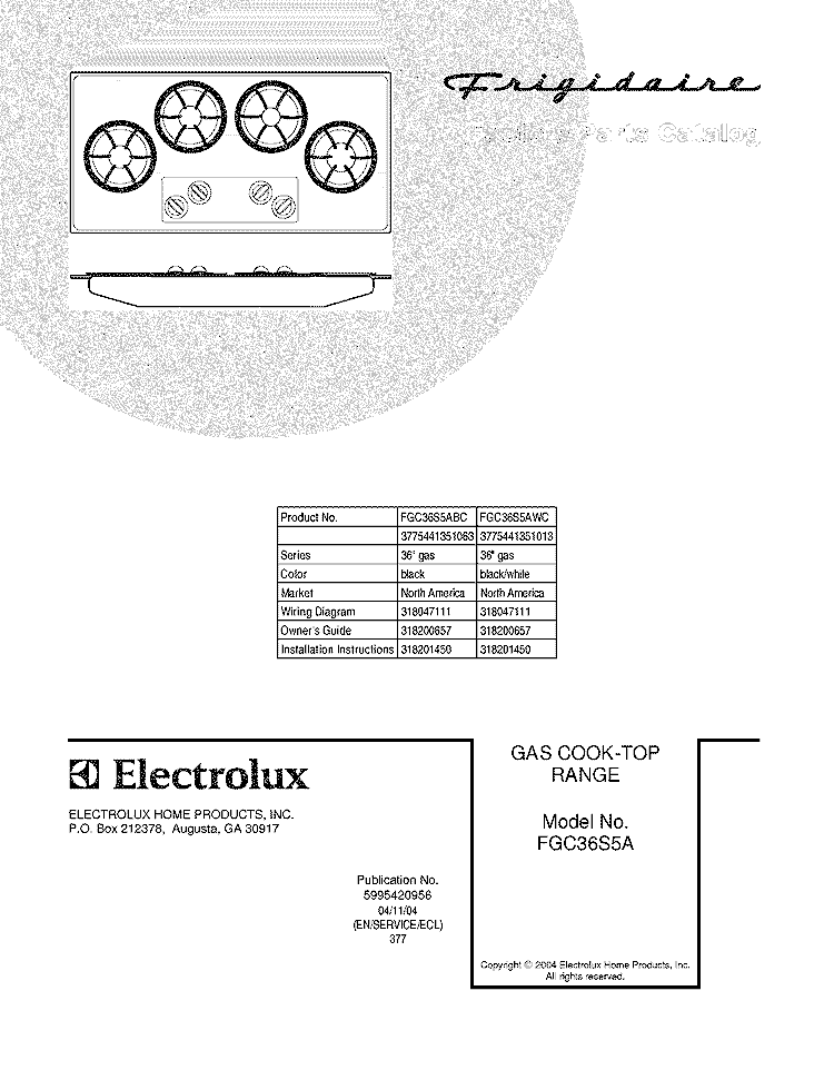COVER Diagram and Parts List for FGC36S5AWC  Frigidaire Cooktop