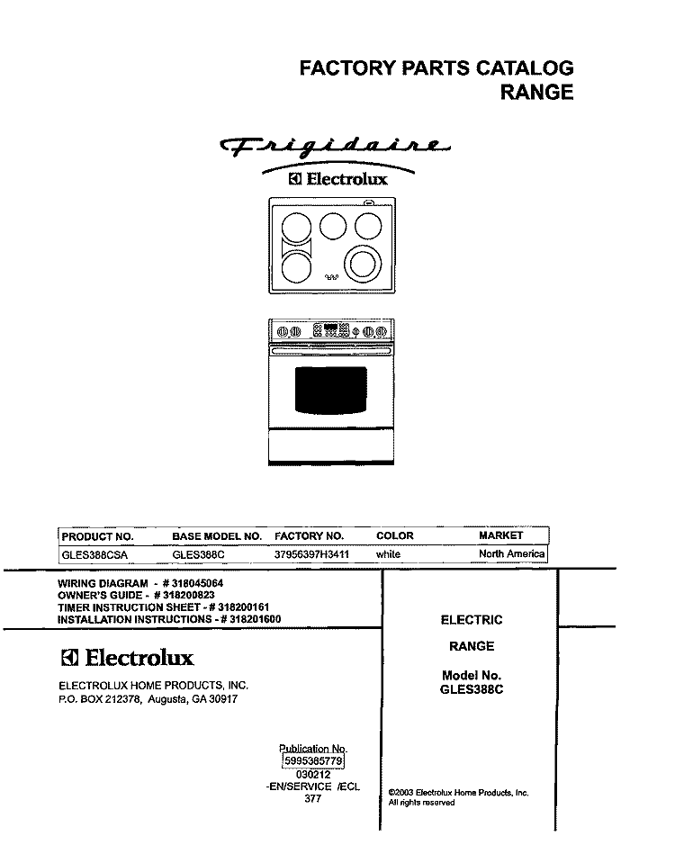 COVER Diagram and Parts List for GLES388CSA  Frigidaire Range