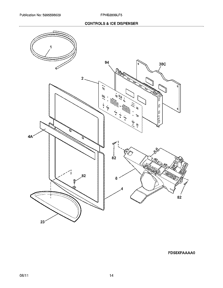 CONTROLS & ICE DISPENSER Diagram and Parts List for FPHB2899LF5  Frigidaire Refrigerator