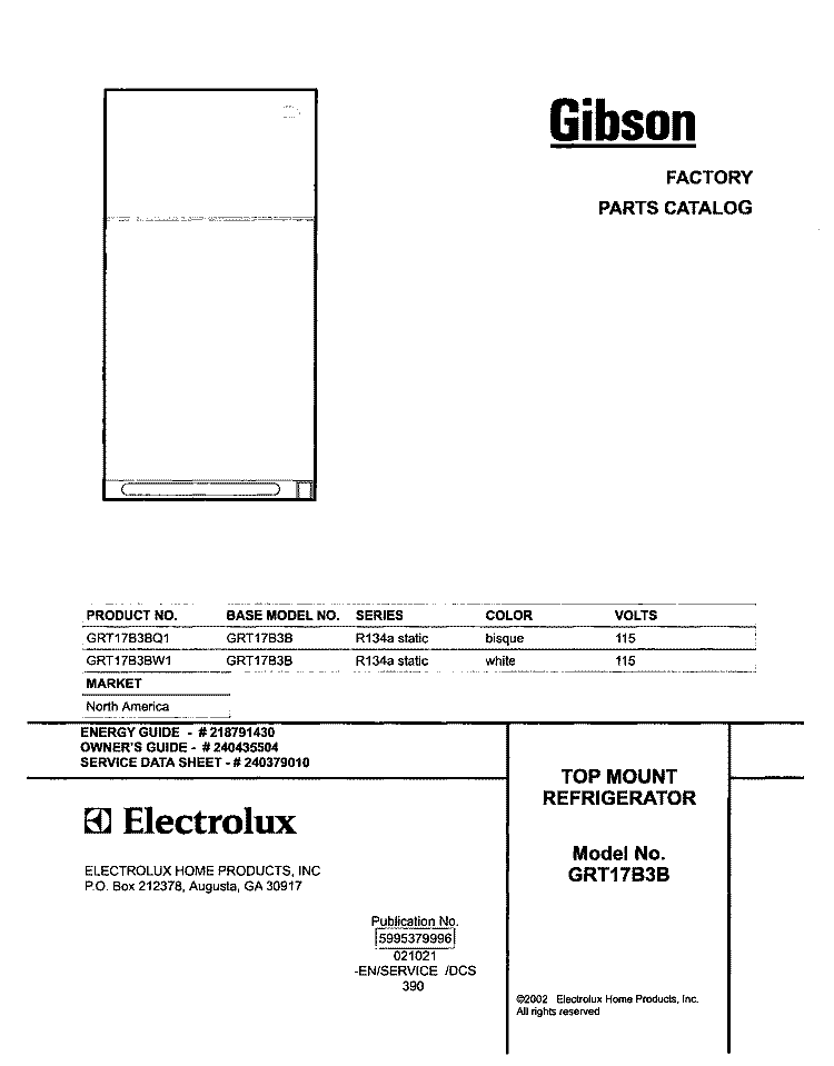 COVER Diagram and Parts List for GRT17B3BW1  Gibson Refrigerator