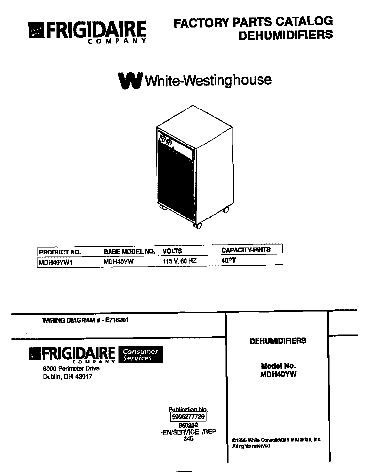 COVER Diagram and Parts List for MDH40YW1  Frigidaire Dehumidifier
