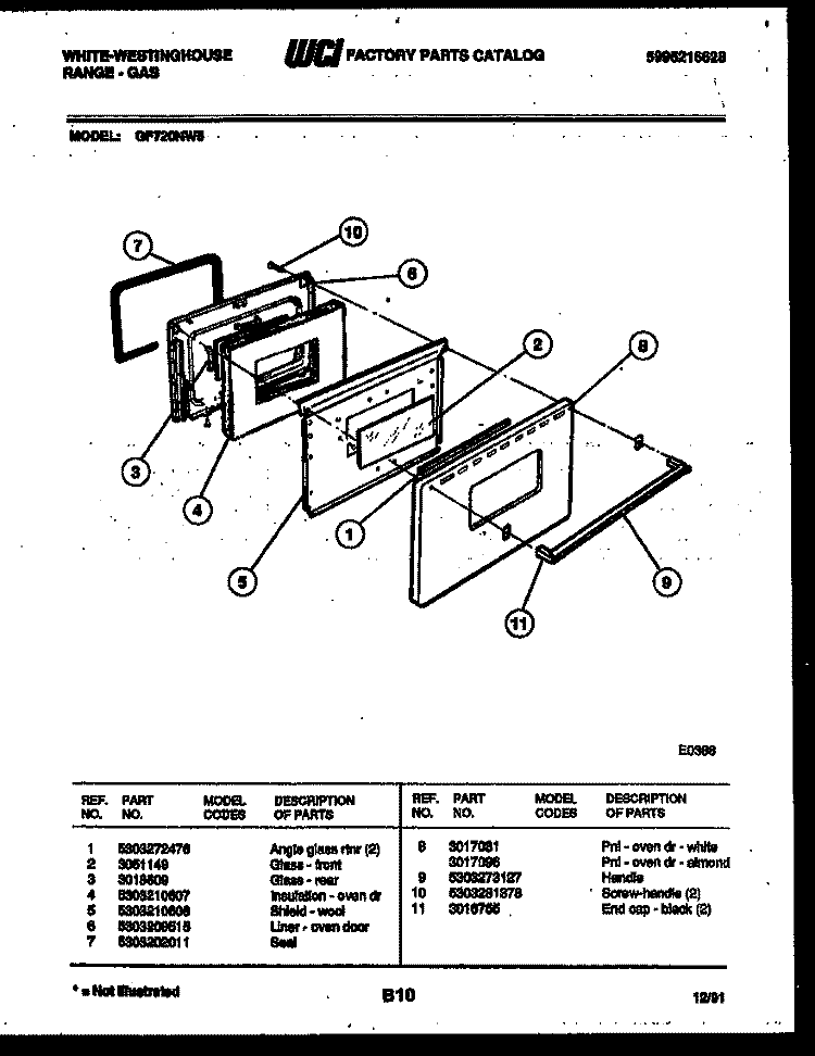 DOOR PARTS Diagram and Parts List for GF720NW5  Frigidaire Range