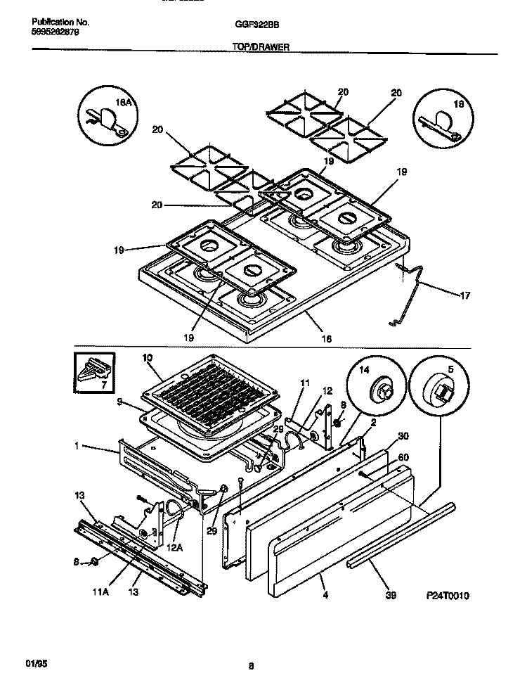 TOP / DRAWER Diagram and Parts List for GGF322BBDB  Gibson Range