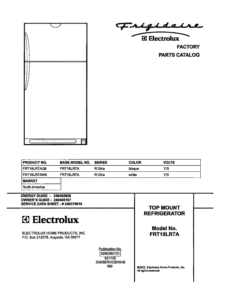 COVER Diagram and Parts List for FRT18LR7AQ6  Frigidaire Refrigerator