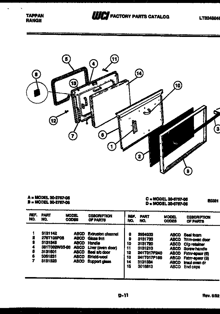 DOOR PARTS Diagram and Parts List for 30-2757-66-06  Tappan Range