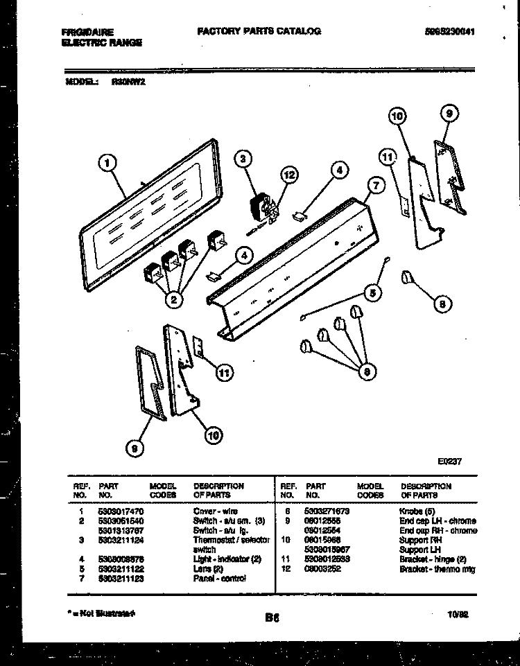 CONTROL PANEL Diagram and Parts List for R30NL2  Frigidaire Range