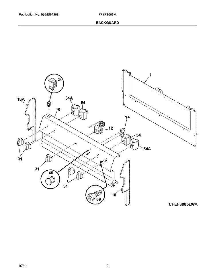 BACKGUARD Diagram and Parts List for FFEF3005MWA  Frigidaire Range