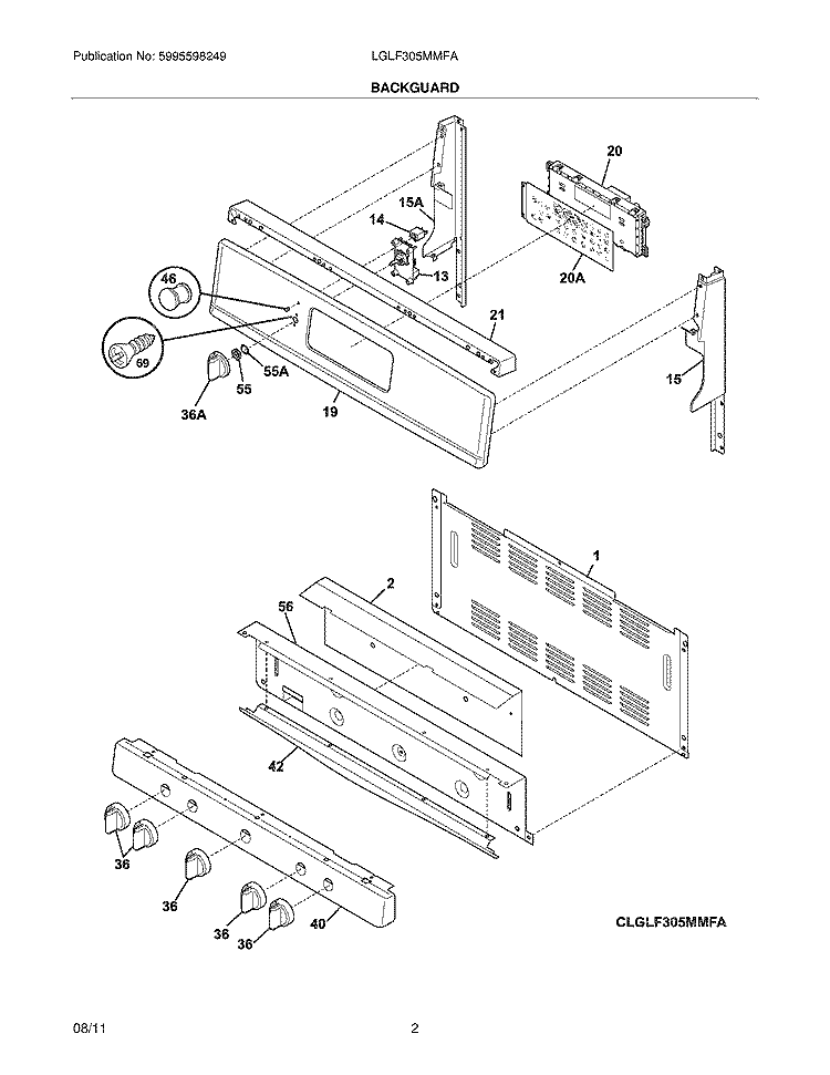 BACKGUARD Diagram and Parts List for LGLF305MMFA  Frigidaire Range