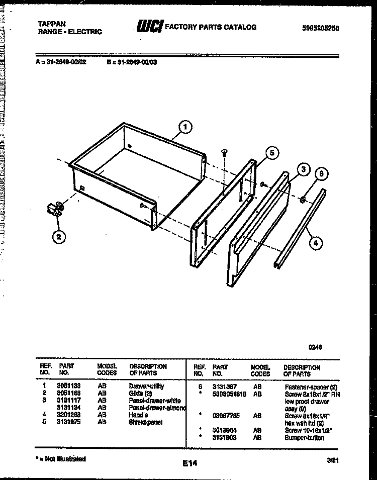 DRAWER PARTS Diagram and Parts List for 31-2649-00-03  Tappan Range