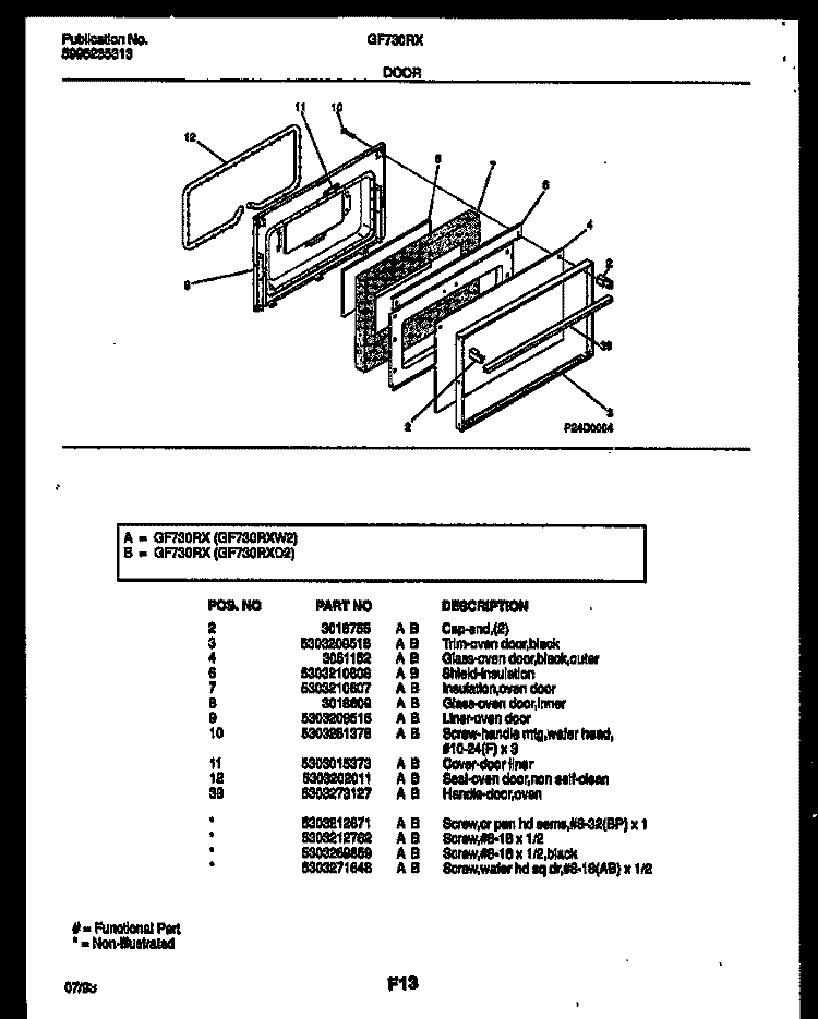 DOOR PARTS Diagram and Parts List for GF730RXD2  Frigidaire Range