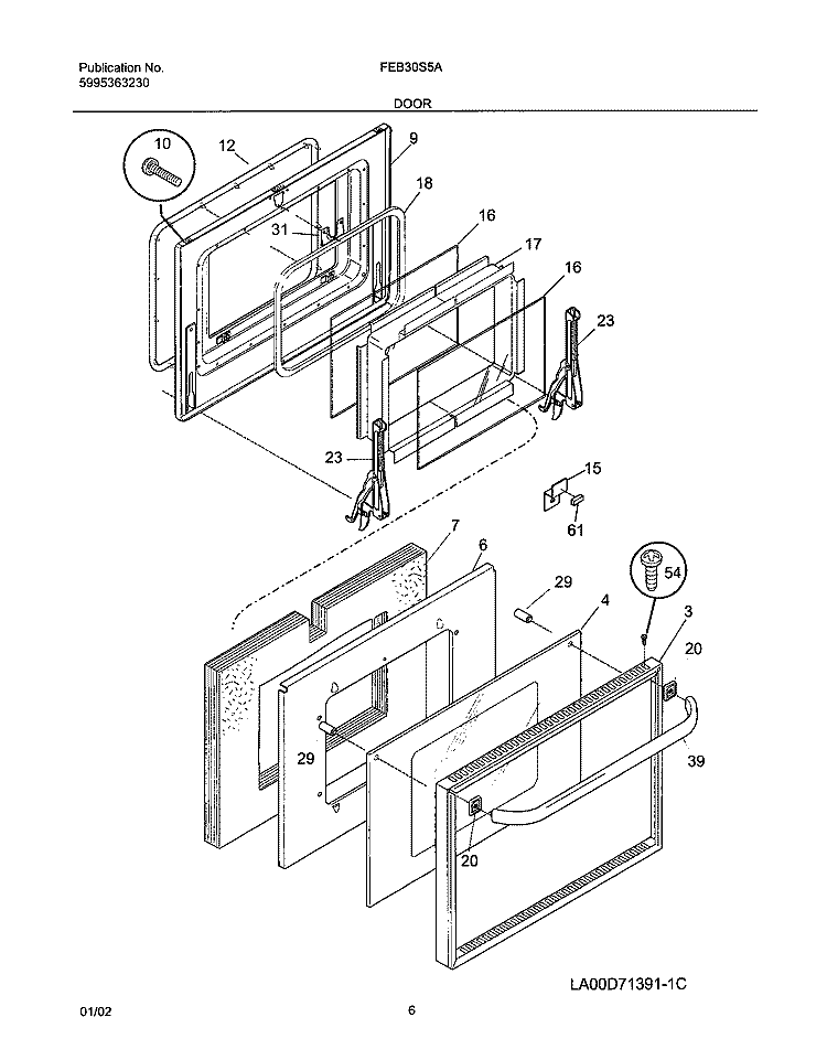 DOOR Diagram and Parts List for FEB30S5ABA  Frigidaire Wall Oven