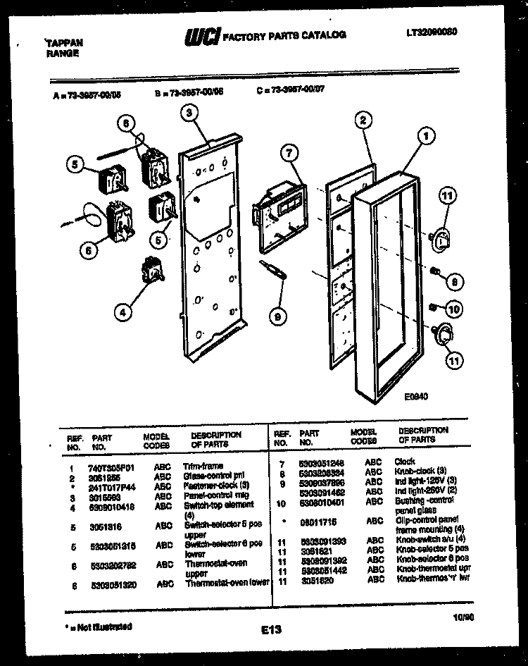 CONTROL PANEL Diagram and Parts List for 73-3957-23-06  Tappan Range