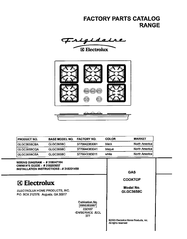 COVER Diagram and Parts List for GLGC36S8CQA  Frigidaire Cooktop