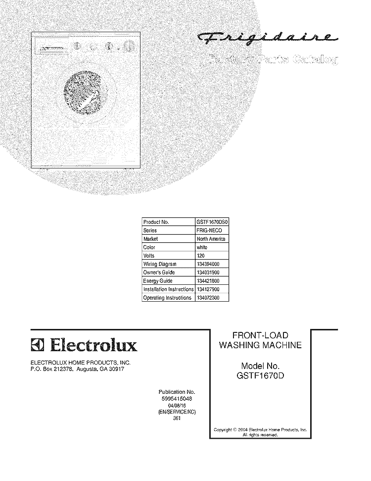 COVER Diagram and Parts List for GSTF1670DS0  Frigidaire Washer