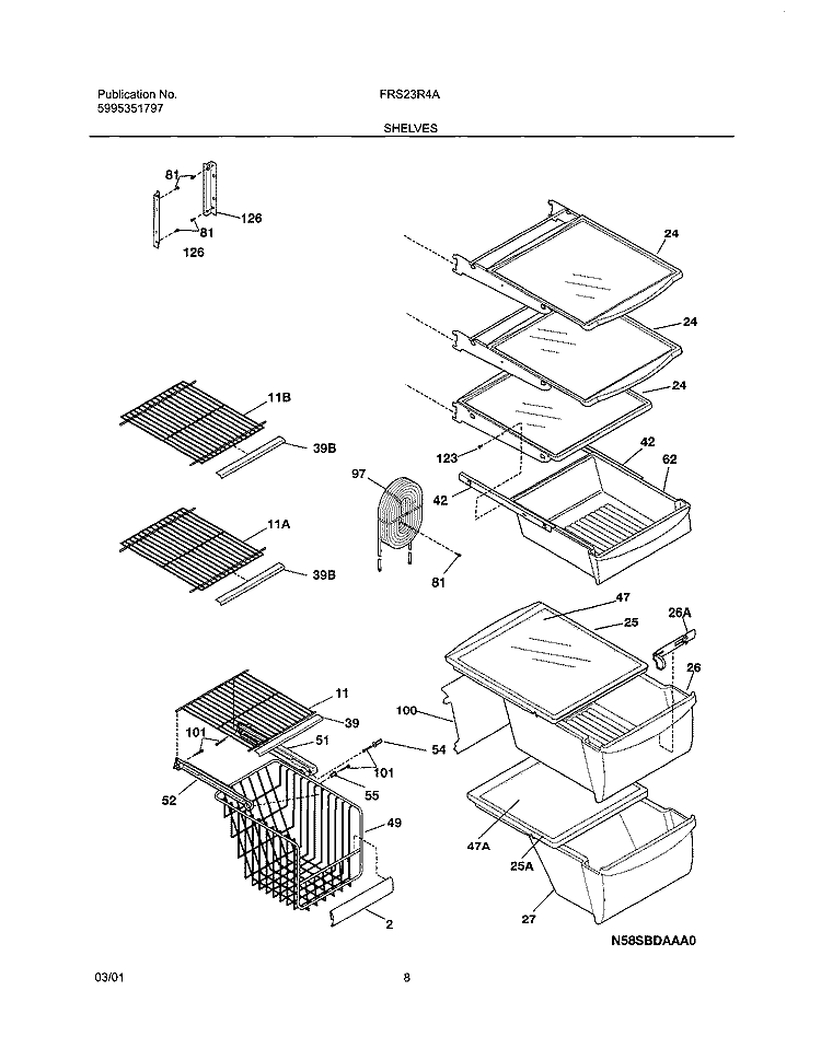 SHELVES Diagram and Parts List for FRS23R4AB0  Frigidaire Refrigerator