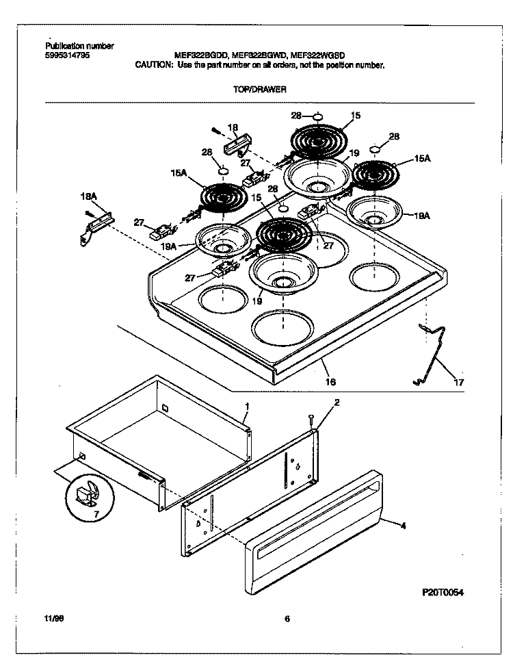 TOP / DRAWER Diagram and Parts List for MEF322BGDD  Frigidaire Range