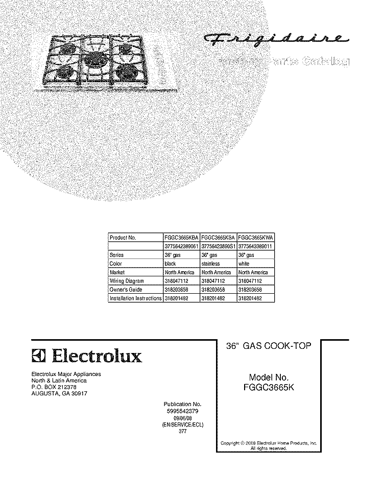 COVER Diagram and Parts List for FGGC3665KWA  Frigidaire Cooktop