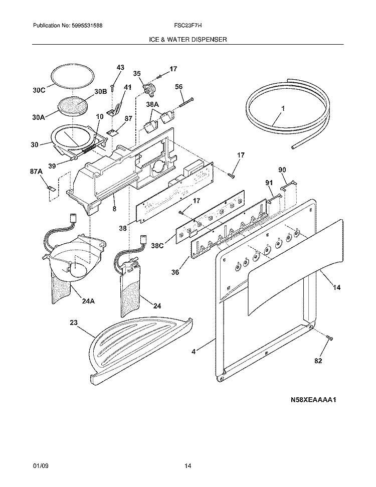 ICE & WATER DISPENSER Diagram and Parts List for FSC23F7HW9  Frigidaire Refrigerator