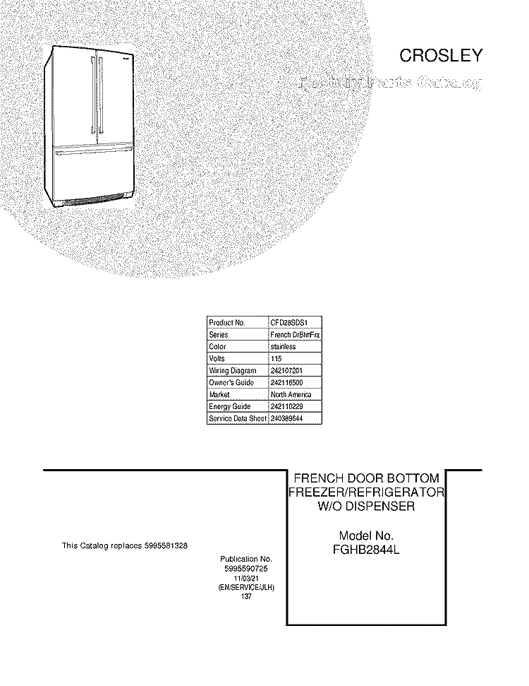 COVER Diagram and Parts List for CFD28SDS1  Crosley Refrigerator