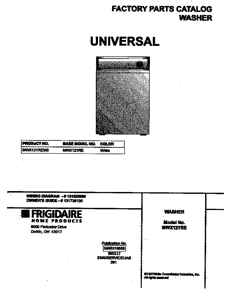 COVER Diagram and Parts List for MWX121REW3  Frigidaire Washer