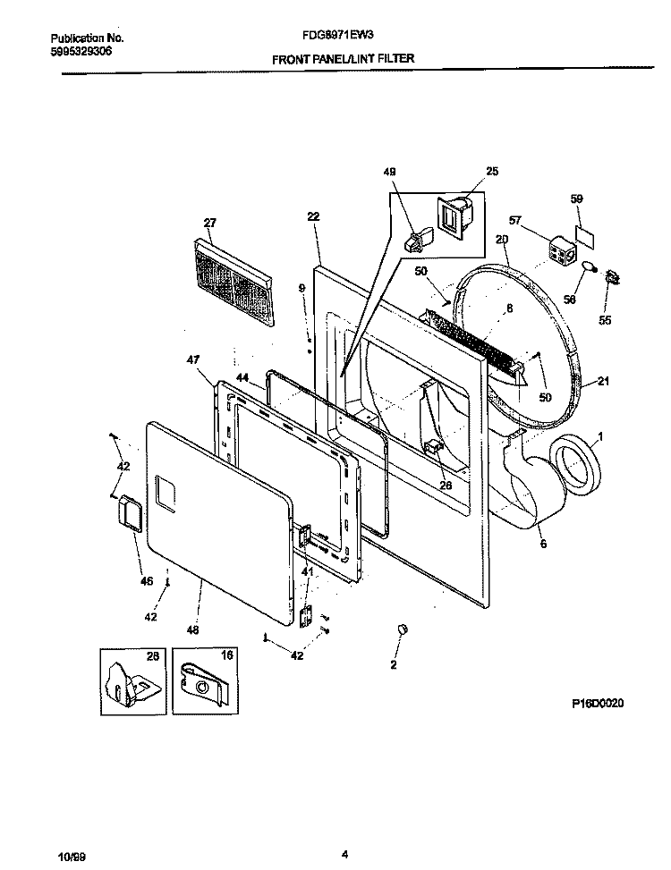 FRONT PANEL / LINT FILTER Diagram and Parts List for FDG8971EW3  Frigidaire Dryer