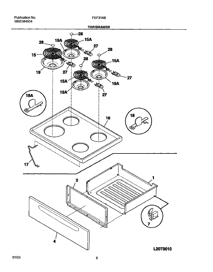 TOP / DRAWER Diagram and Parts List for FEF314BWA  Frigidaire Range