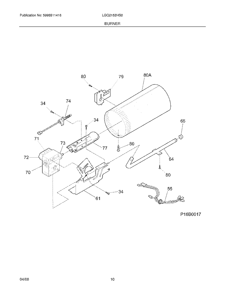 BURNER Diagram and Parts List for LGQ2152HS0  Frigidaire Dryer
