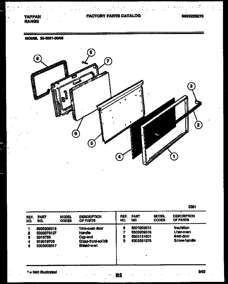 DOOR PARTS Diagram and Parts List for 30-3851-23-05  Tappan Range