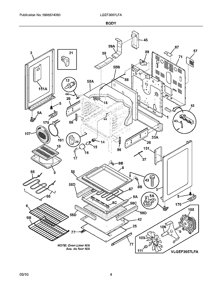BODY Diagram and Parts List for LGEF3057LFA  Frigidaire Range