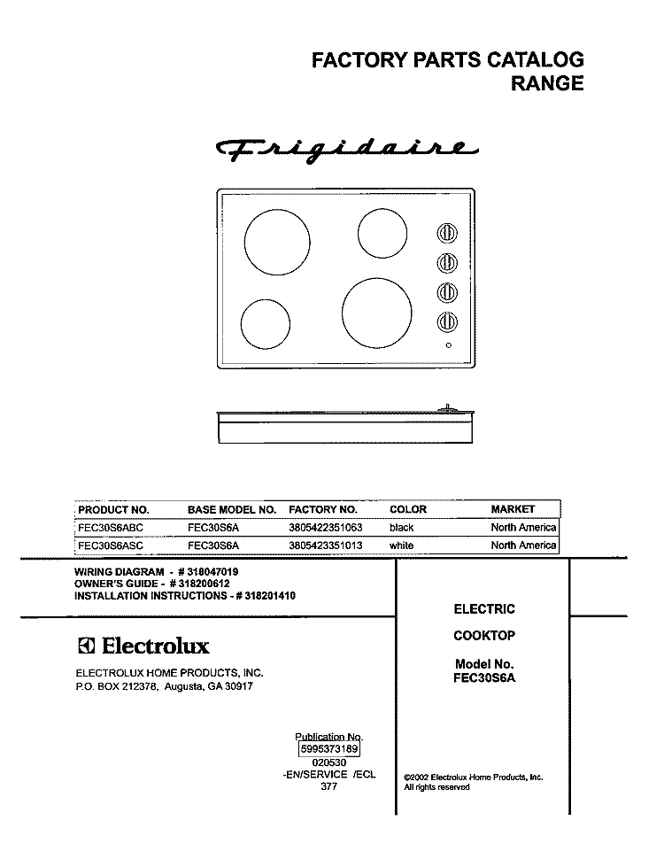 COVER Diagram and Parts List for FEC30S6ABC  Frigidaire Cooktop