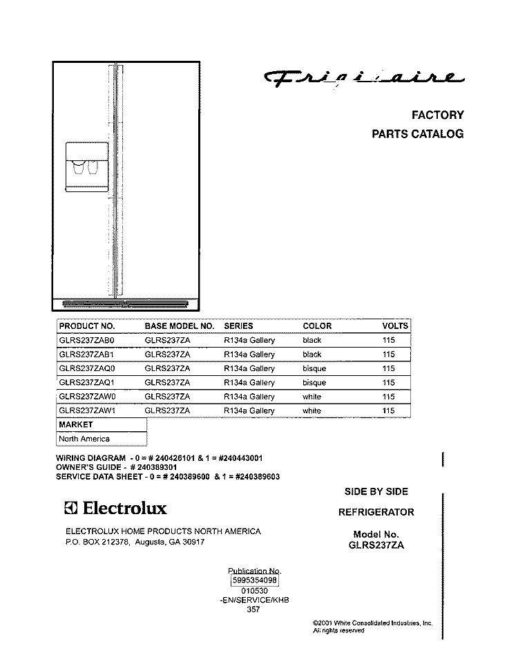 COVER Diagram and Parts List for GLRS237ZAB0  Frigidaire Refrigerator