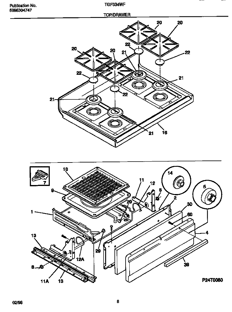 TOP / DRAWER Diagram and Parts List for TGF334WFSD  Tappan Range