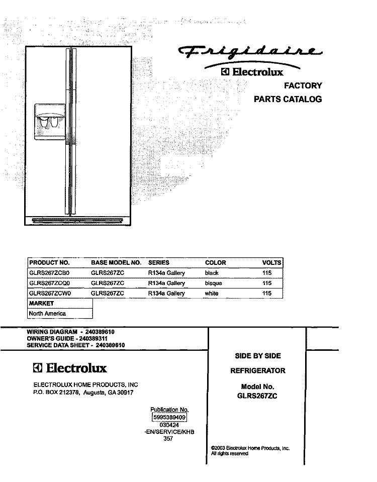 COVER Diagram and Parts List for GLRS267ZCB0  Frigidaire Refrigerator