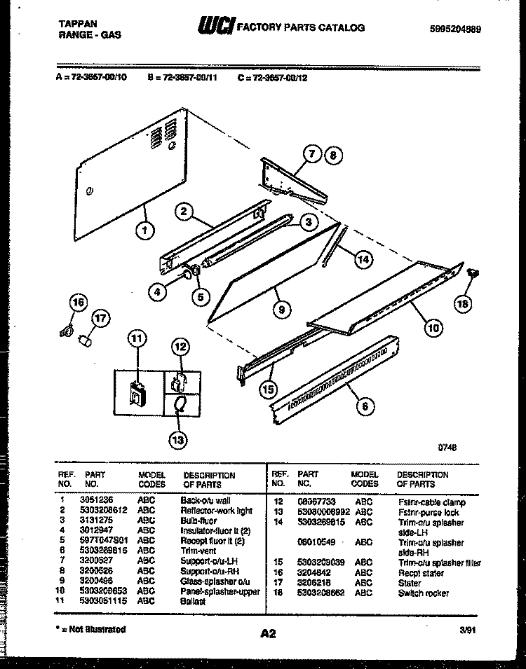 SPLASHER CONTROL Diagram and Parts List for 72-3657-00-10  Tappan Range