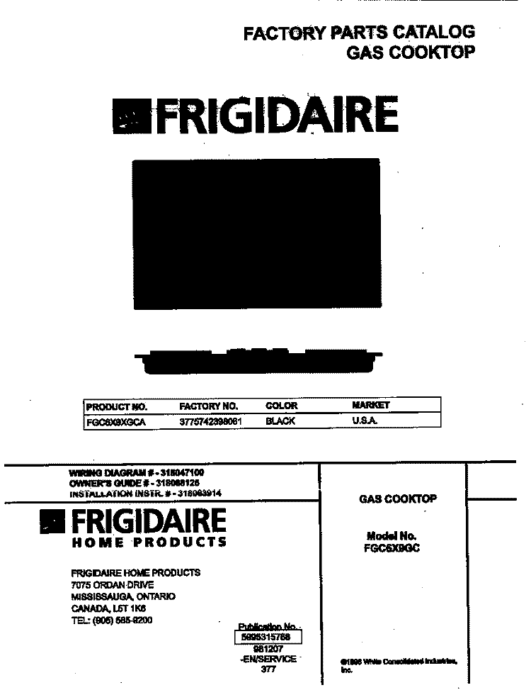 COVER Diagram and Parts List for FGC6X9XGCA  Frigidaire Cooktop