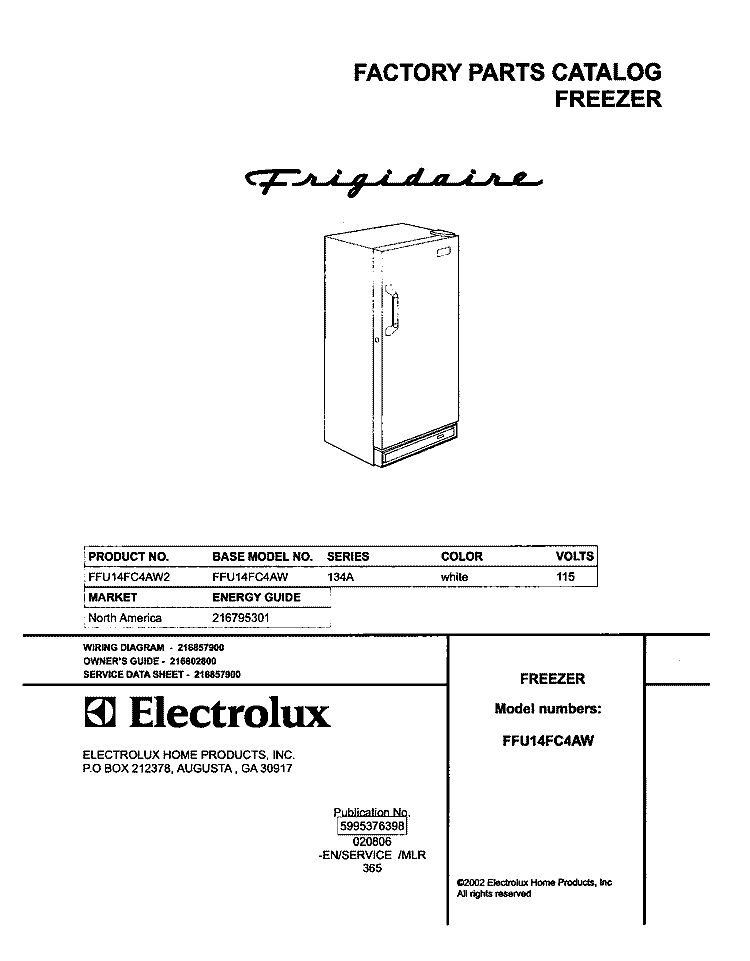COVER Diagram and Parts List for FFU14FC4AW2  Frigidaire Freezer