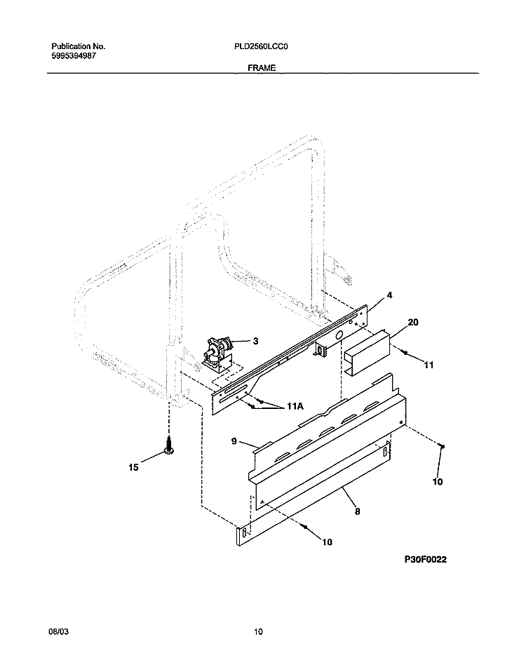 FRAME Diagram and Parts List for PLD2560LCC0  Frigidaire Dishwasher