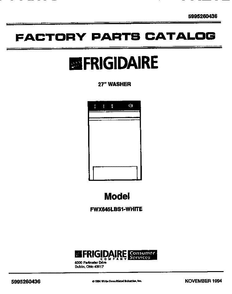 COVER Diagram and Parts List for FWX645LBS1  Frigidaire Washer