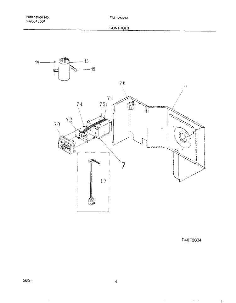 CONTROLS Diagram and Parts List for FAL125K1A2  Frigidaire Air Conditioner
