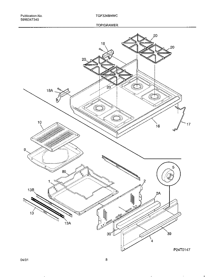 TOP / DRAWER Diagram and Parts List for TGF324BHWC  Tappan Range