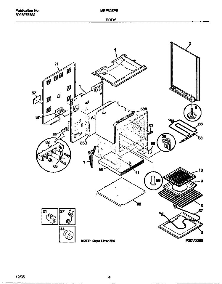BODY Diagram and Parts List for MEF305PBDC  Frigidaire Range